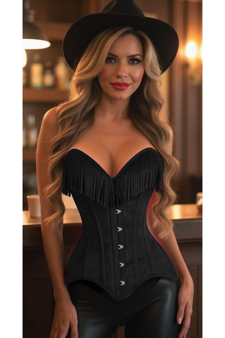 Daisy Corset Black Suede Steel Boned Overbust Corset w/Fringe