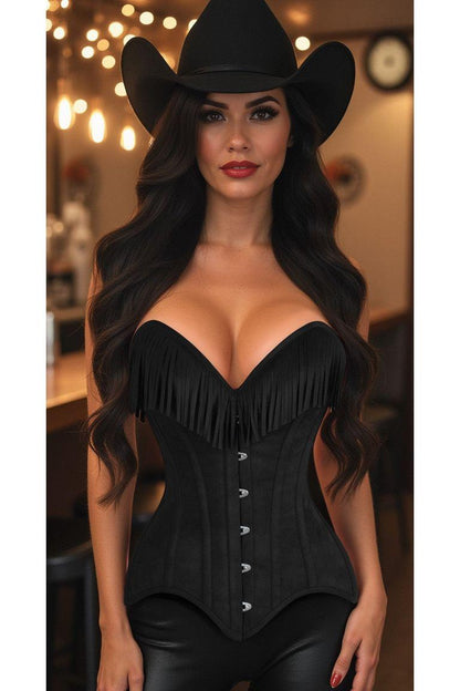 Daisy Corset Black Suede Steel Boned Overbust Corset w/Fringe