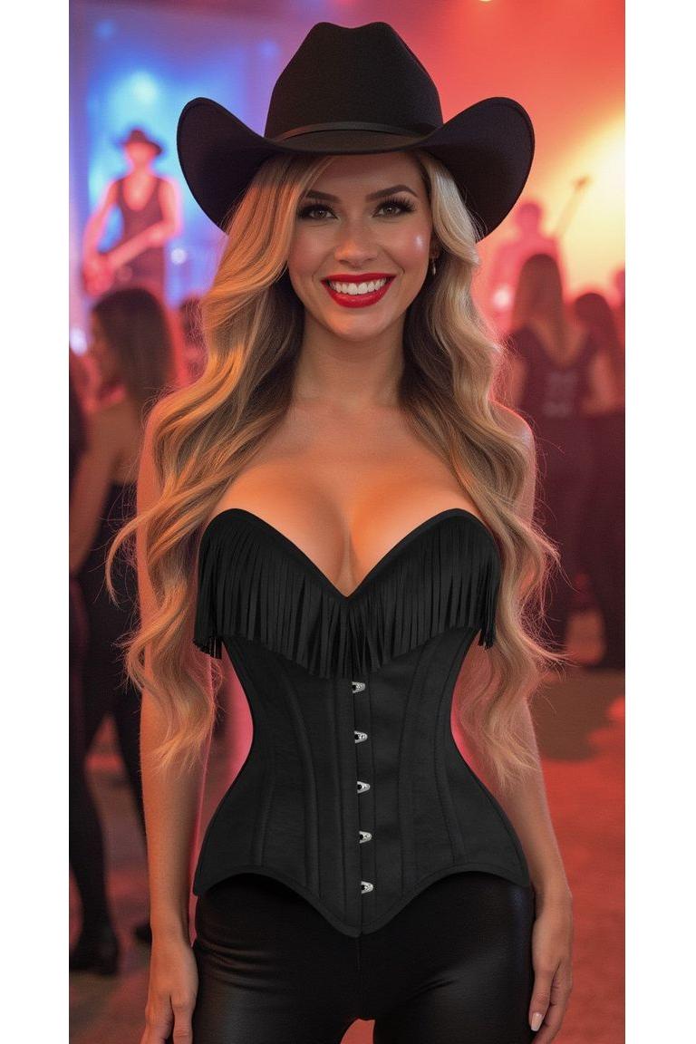Daisy Corset Black Suede Steel Boned Overbust Corset w/Fringe