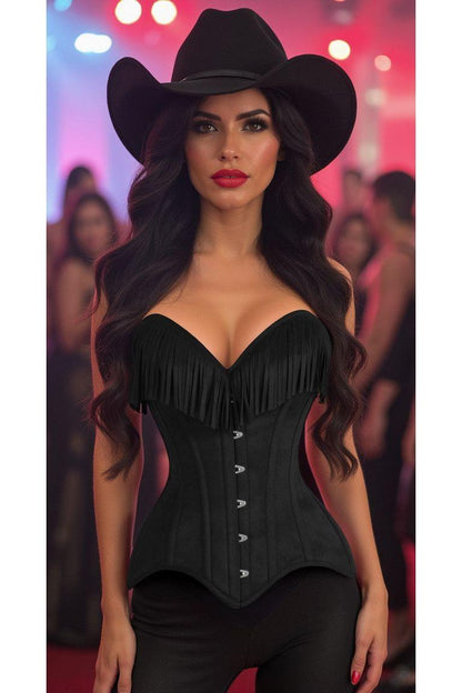 Daisy Corset Black Suede Steel Boned Overbust Corset w/Fringe
