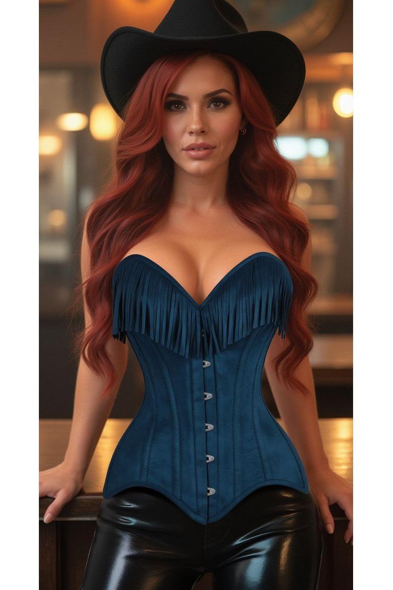 Daisy Corset Blue Suede Steel Boned Overbust Corset w/Fringe
