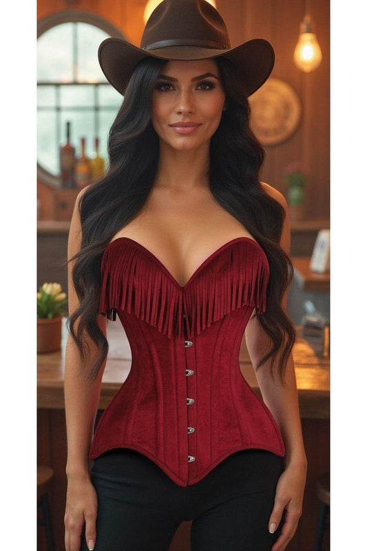 Daisy Corset Red Suede Steel Boned Overbust Corset w/Fringe