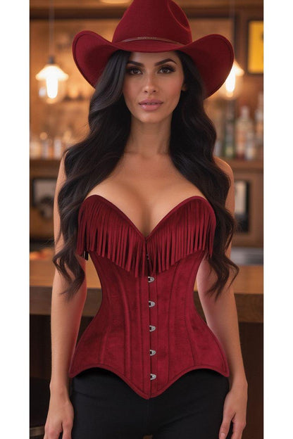 Daisy Corset Red Suede Steel Boned Overbust Corset w/Fringe