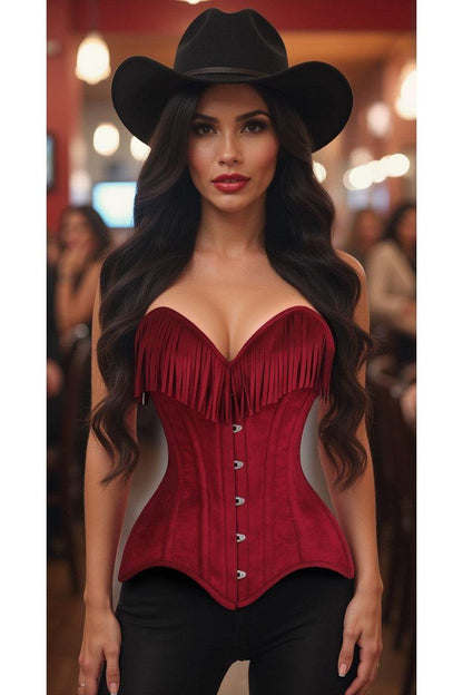 Daisy Corset Red Suede Steel Boned Overbust Corset w/Fringe