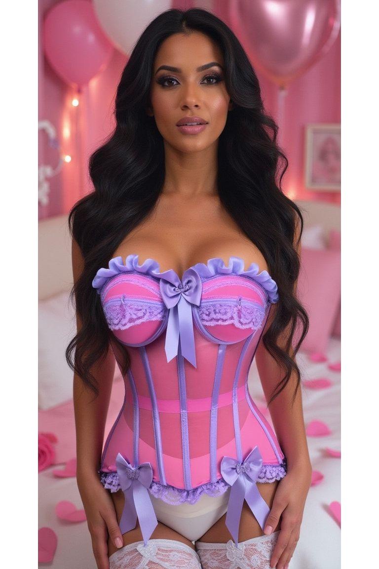 Daisy Corset Steel Boned Pink/Purple Mesh Underwire Bustier Corset