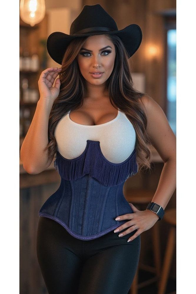 Daisy Steel Boned Denim Underwire Underbust Corset Cincher w/Fringe
