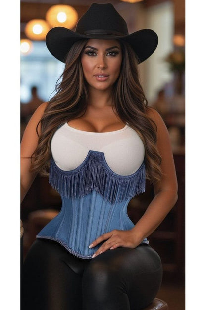 Daisy Steel Boned Denim Underwire Underbust Corset Cincher w/Fringe
