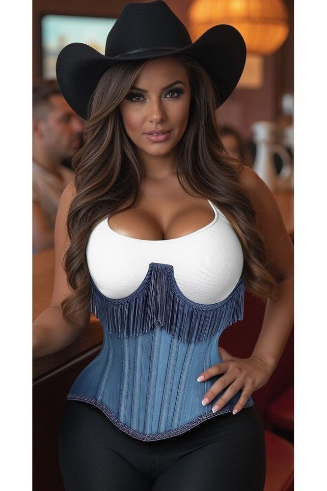 Daisy Steel Boned Denim Underwire Underbust Corset Cincher w/Fringe