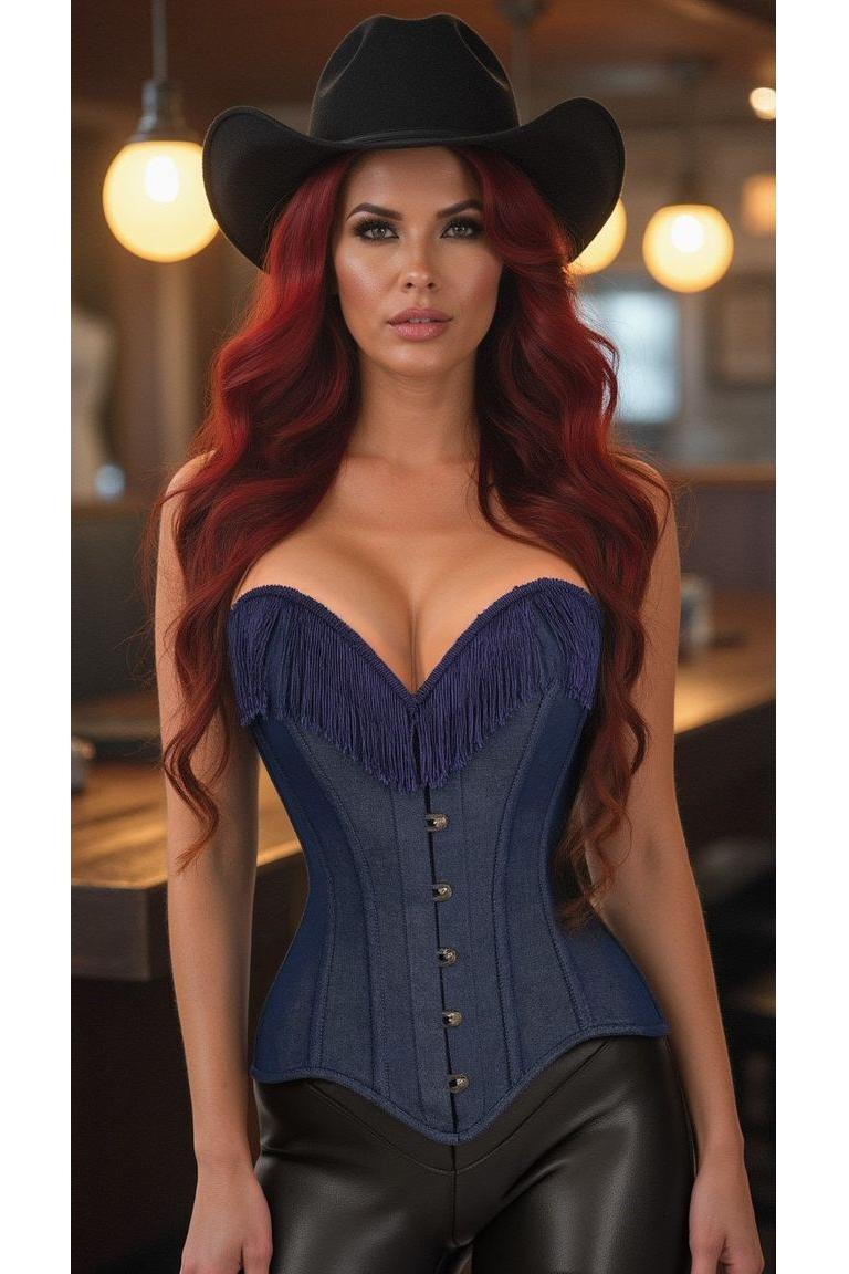 Daisy Corset Dark Blue Denim Steel Boned Overbust Corset w/Fringe
