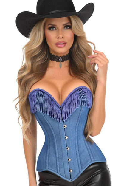 Daisy Corset Blue Denim Steel Boned Overbust Corset w/Fringe
