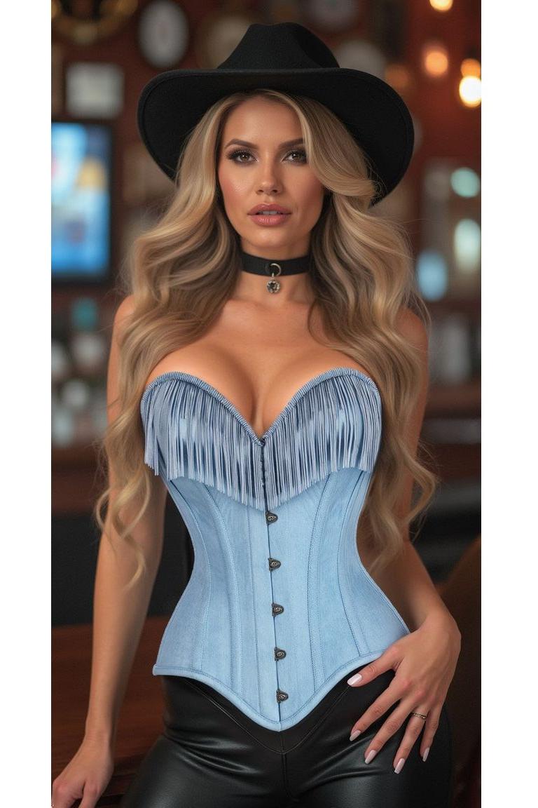 Daisy Corset Light Blue Denim Steel Boned Overbust Corset w/Fringe