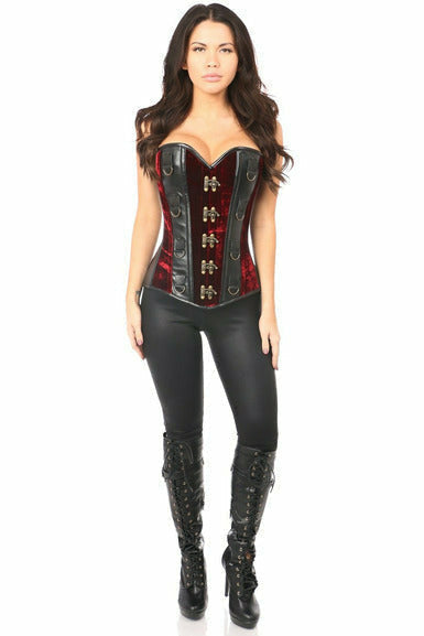 Daisy Red Velvet & Faux Leather Steel Boned Corset TD-626