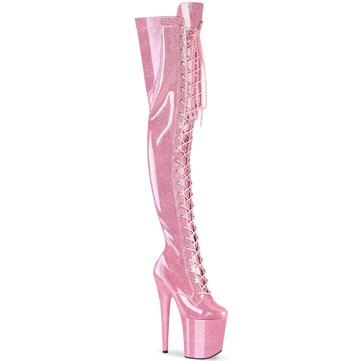 Pleaser Flamingo-3020GP Lace-Up Front Glittery Thigh High Boot