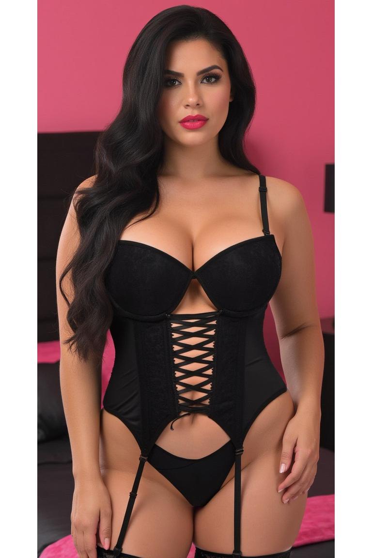 Lavish Black Lycra & Lace Hook & Eye Lace - Up Bustier Corset w/Garters - Daisy Corsets