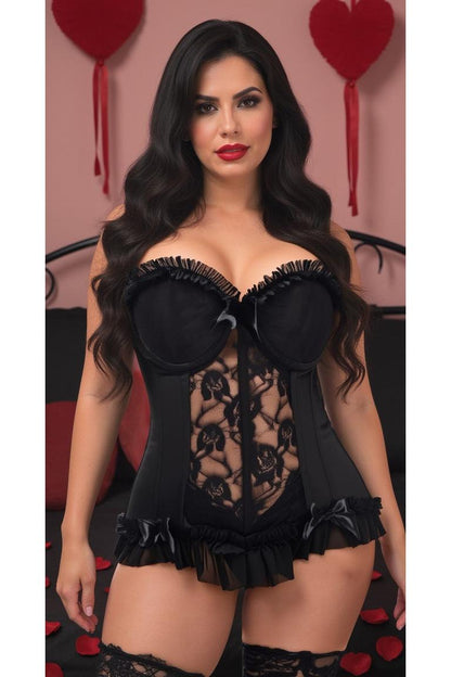 Lavish Black Lycra & Lace Hook & Eye Stretch Bustier Corset - Daisy Corsets