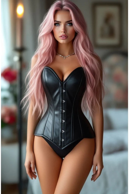 Daisy Black Wet Look Faux Leather Overbust Corset Sweetheart Neckline Busk Closure