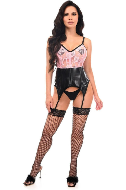 Lavish Black/Pink Wet Look & Lace Bustier Corset w/Garters - Daisy Corsets