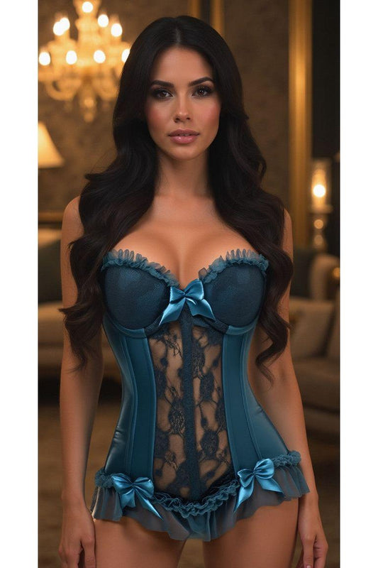 Lavish Dark Teal Lycra & Lace Hook & Eye Stretch Bustier Corset - Daisy Corsets