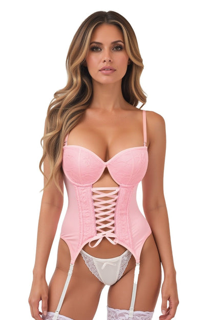 Lavish Lt Pink Lycra & Lace Hook & Eye Lace - Up Bustier Corset w/Garters - Daisy Corsets