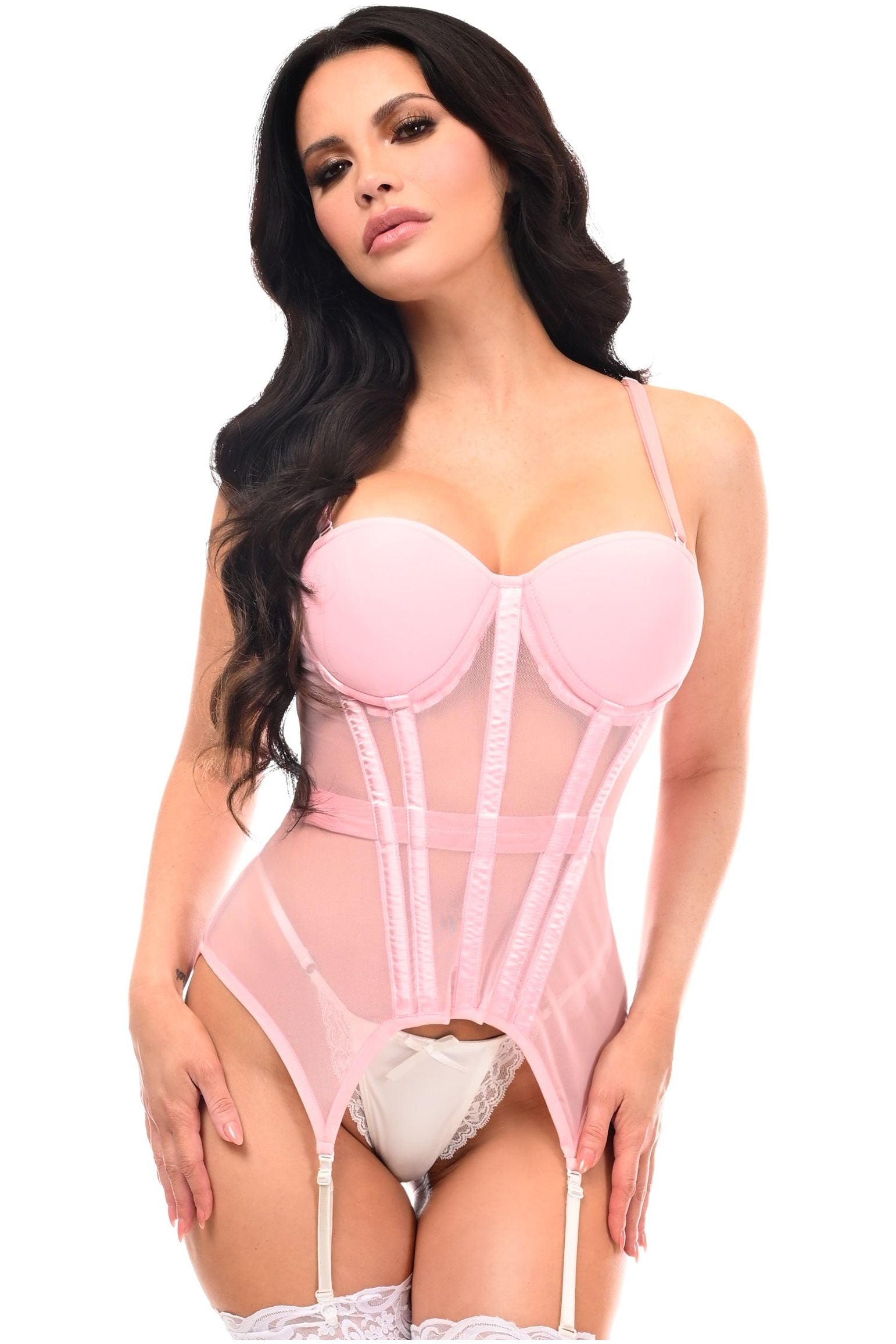 Lavish Lt Pink Mesh Underwire Bustier Corset w/Garters - Daisy Corsets
