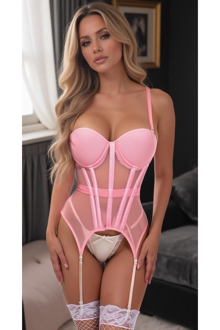 Lavish Lt Pink Mesh Underwire Bustier Corset w/Garters - Daisy Corsets
