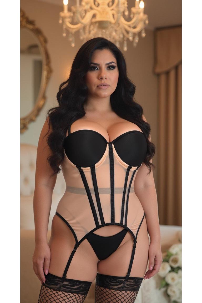 Lavish Nude/Black Mesh Underwire Bustier Corset w/Garters - Daisy Corsets