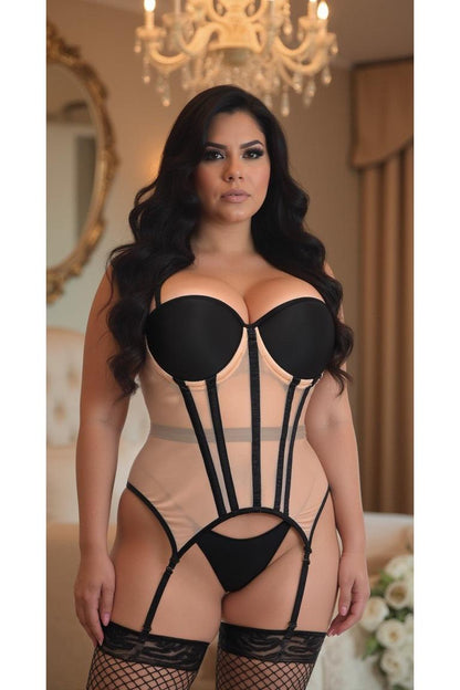 Lavish Nude/Black Mesh Underwire Bustier Corset w/Garters - Daisy Corsets