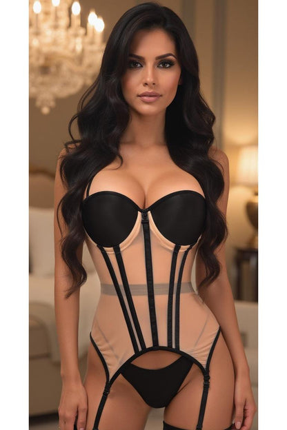 Lavish Nude/Black Mesh Underwire Bustier Corset w/Garters - Daisy Corsets