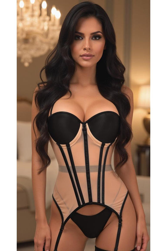 Lavish Nude/Black Mesh Underwire Bustier Corset w/Garters - Daisy Corsets
