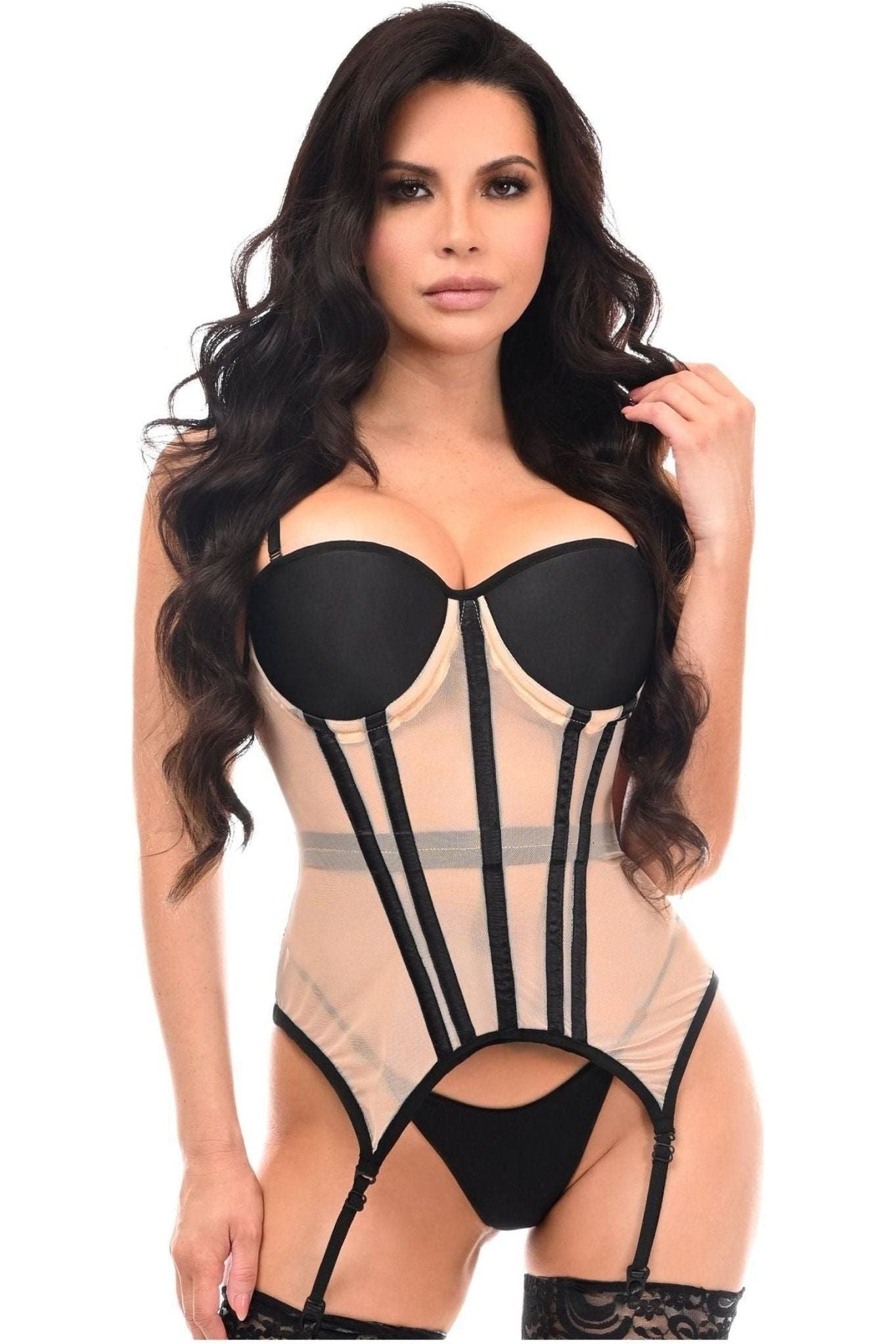 Lavish Nude/Black Mesh Underwire Bustier Corset w/Garters - Daisy Corsets