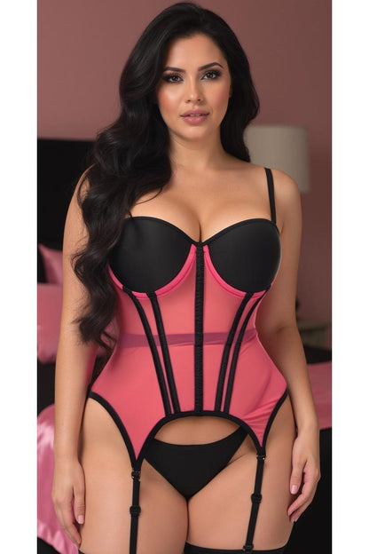 Lavish Pink/Black Mesh Underwire Bustier Corset w/Garters - Daisy Corsets