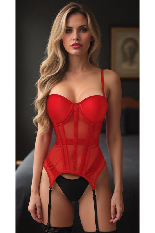 Lavish Red Mesh Underwire Bustier Corset w/Garters - Daisy Corsets