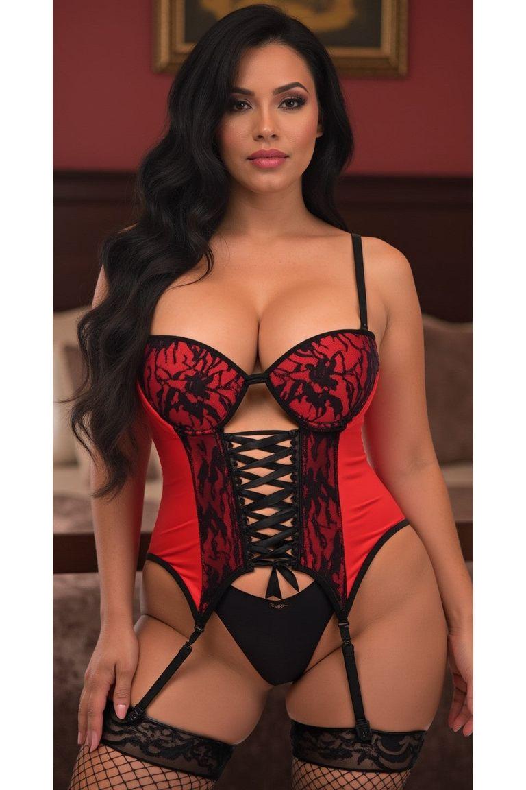 Lavish Red/Black Lycra & Lace Hook & Eye Lace - Up Bustier Corset w/Garters - Daisy Corsets