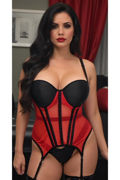 Lavish Red/Black Mesh Underwire Bustier Corset w/Garters - Daisy Corsets