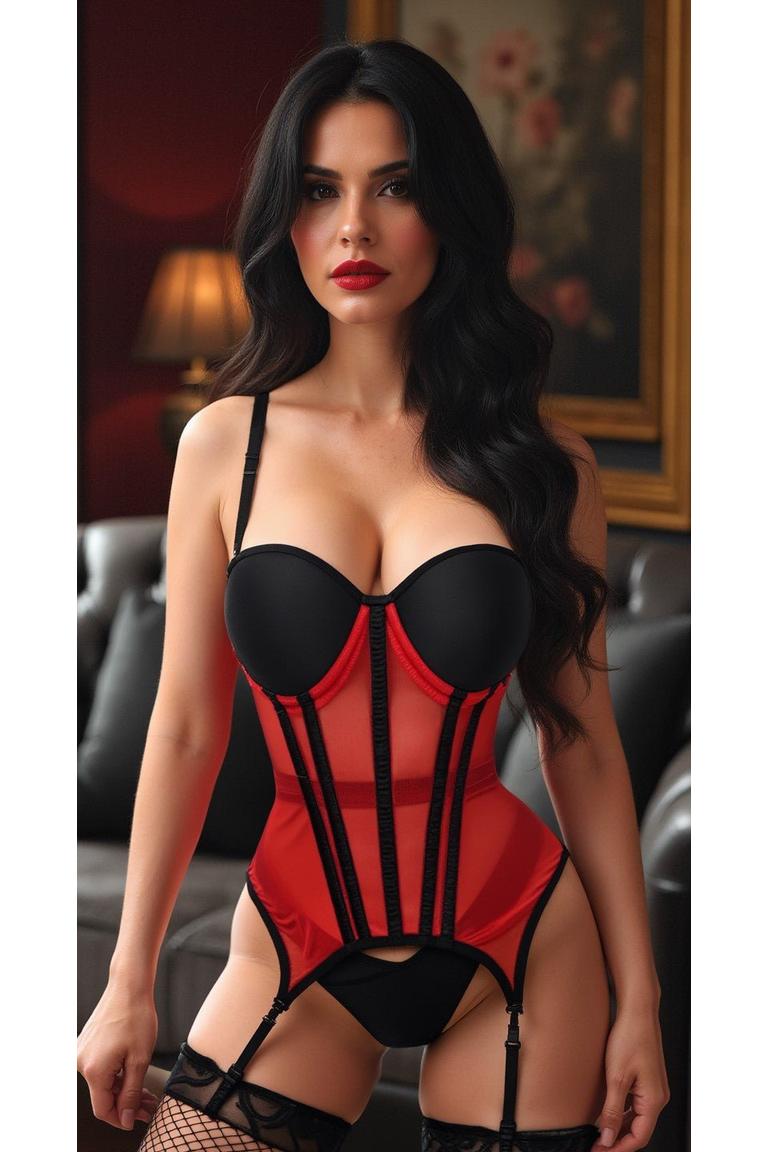 Lavish Red/Black Mesh Underwire Bustier Corset w/Garters - Daisy Corsets