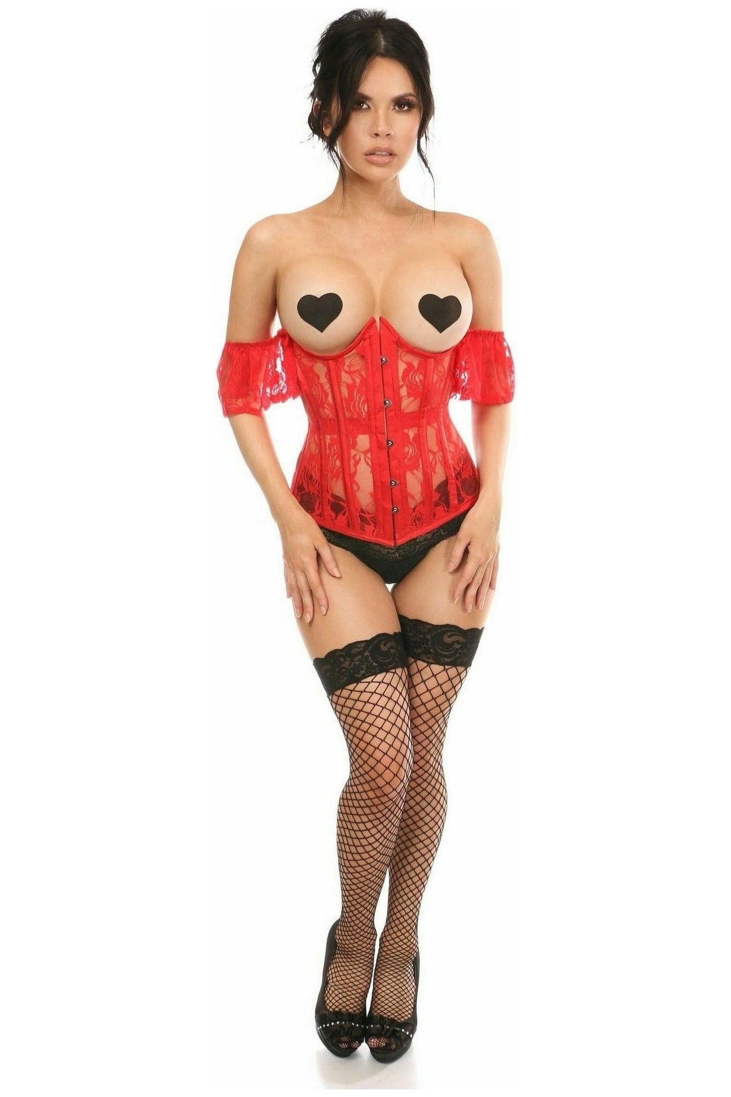 Lavish Sheer Red Lace Underbust Underwire Corset w/Ruffle Sleeve - Daisy Corsets