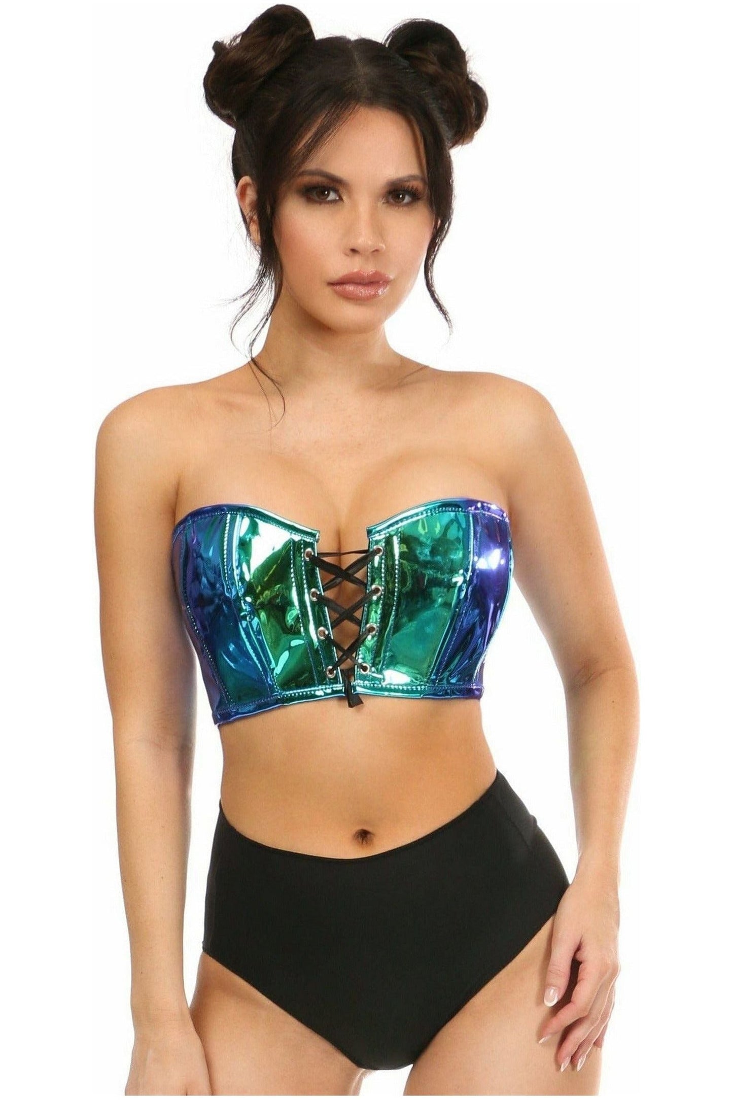 Lavish Teal/Blue Holo Lace - Up Short Bustier Top - Daisy Corsets