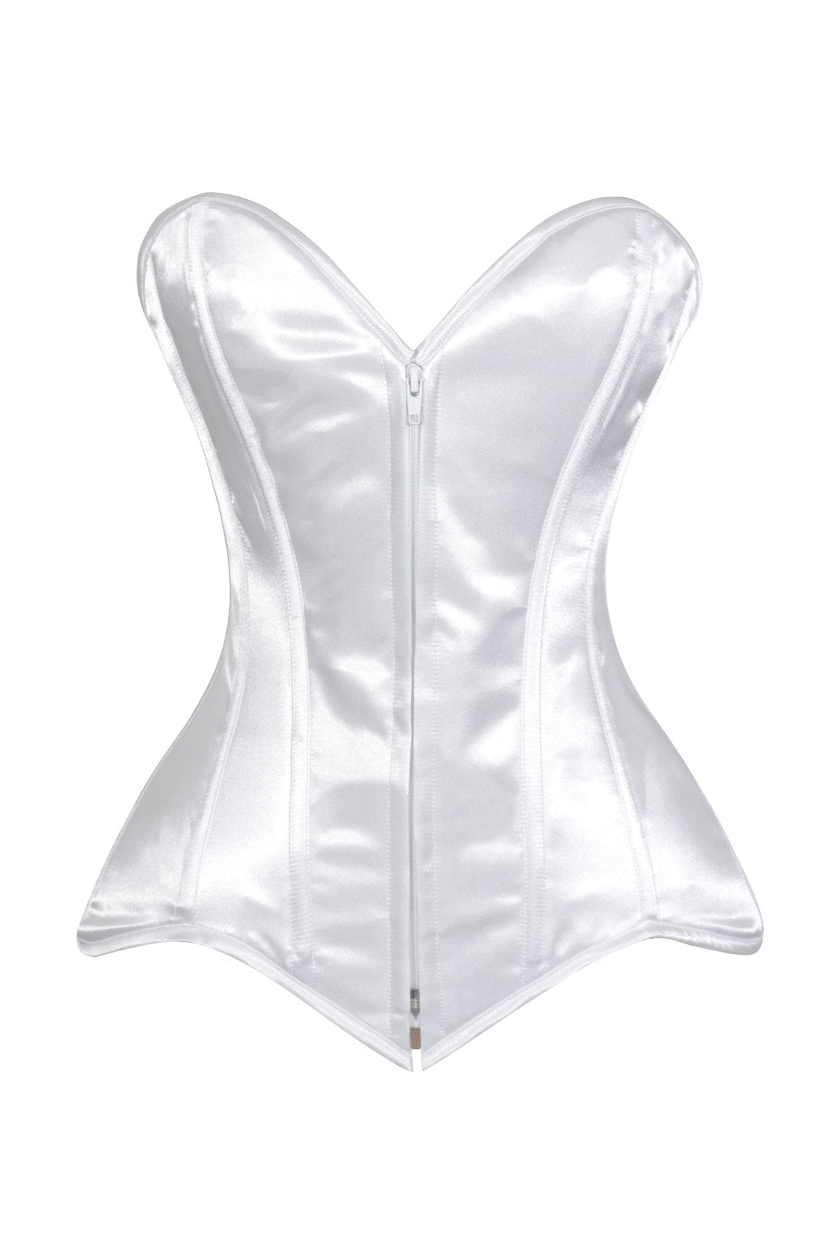 Lavish White Satin Front Zipper Overbust Corset - Daisy Corsets