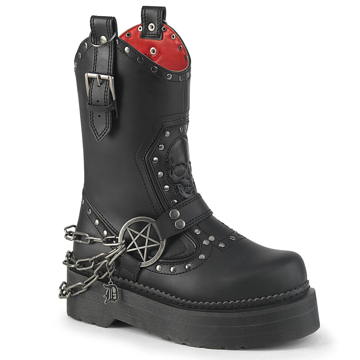 Demonia Rebel-56 Stacked Platform Cowboy Style Combat Calf Boots