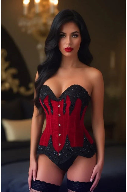 Daisy TD-219 Dark Red Velvet & Beaded Steel Boned Overbust Corset