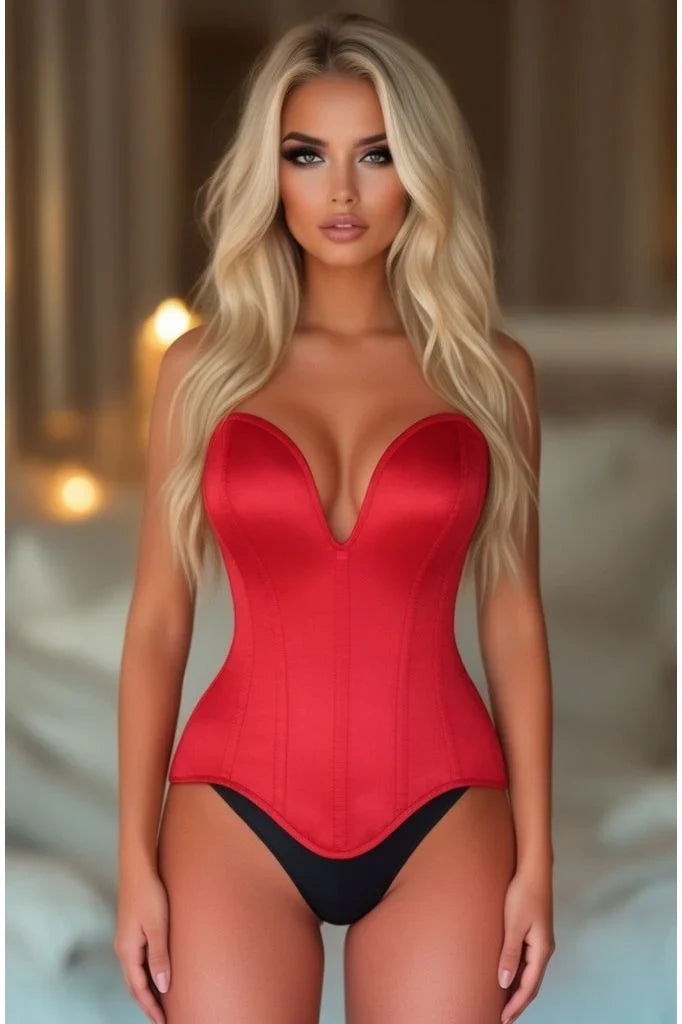 Daisy Steel Boned Red Satin Plunge Neckline Overbust Corset