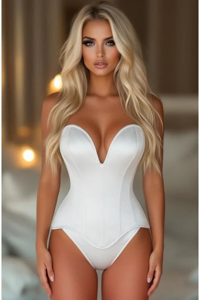 Daisy Steel Boned White Satin Plunge Neckline Overbust Corset