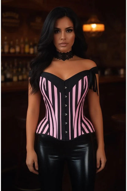 Daisy Pink/Black Striped Steel Boned Corset w/Straps