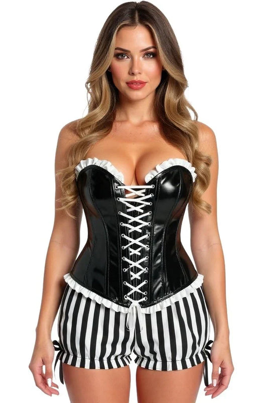 Daisy Steel Boned Black Vinyl PVC Patent Lace-Up Corset Top
