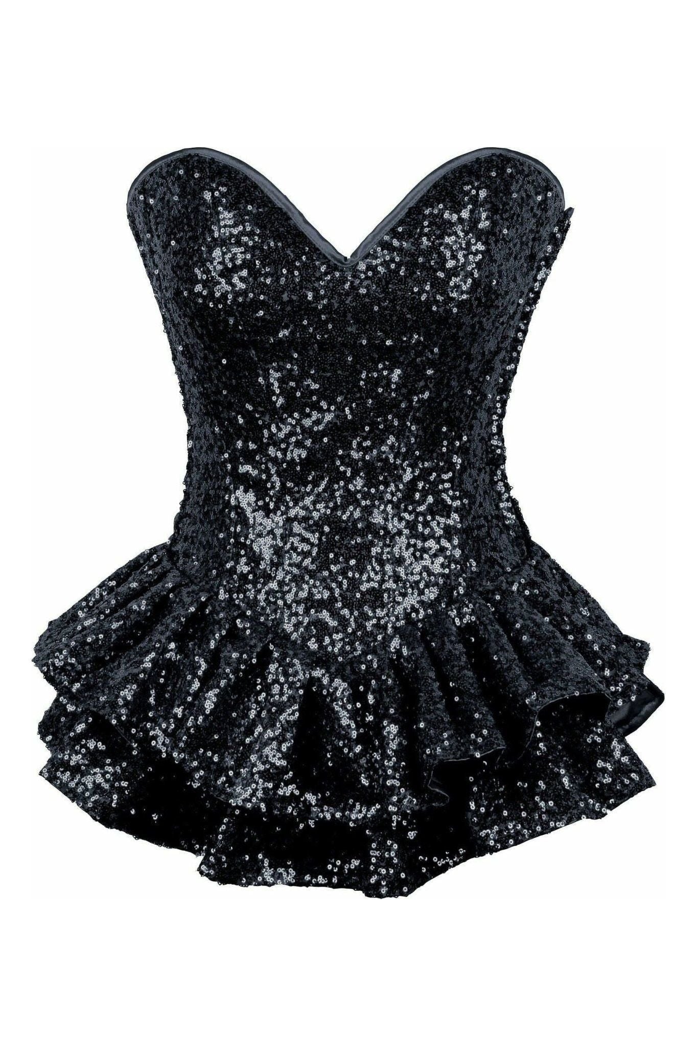 Top Drawer Black Sequin Steel Boned Mini Corset Dress - Daisy Corsets