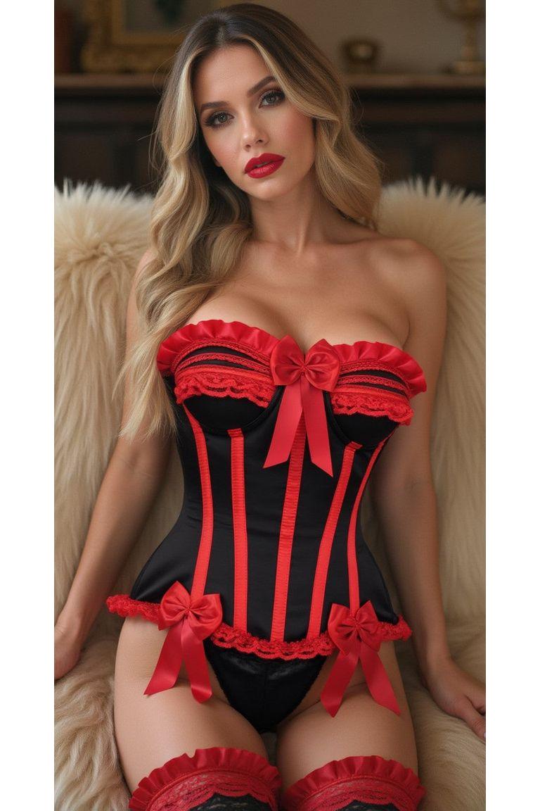 Top Drawer Black/Red Steel Boned Burlesque Corset - Daisy Corsets