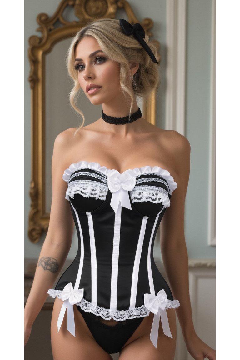 Top Drawer Black/White Steel Boned Burlesque Corset - Daisy Corsets