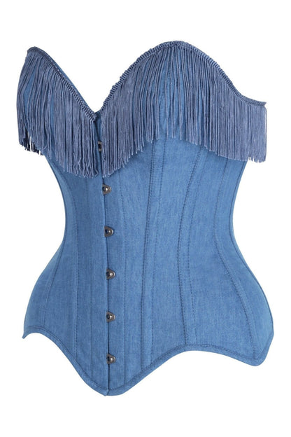 Top Drawer Blue Denim Steel Boned Overbust Corset w/Fringe - Daisy Corsets