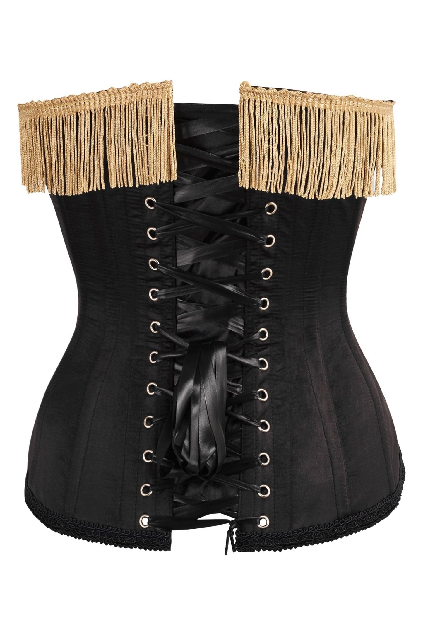 Top Drawer Burlesque Black/Dark Red Steel Boned Corset w/Gold Fringe - Daisy Corsets