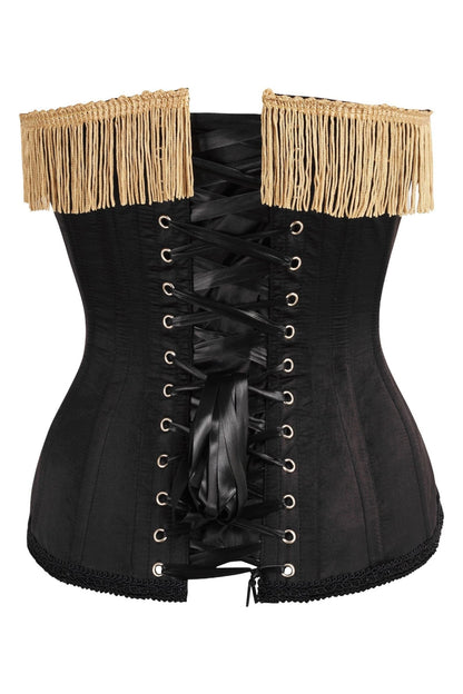 Top Drawer Burlesque Black/Dark Red Steel Boned Corset w/Gold Fringe - Daisy Corsets